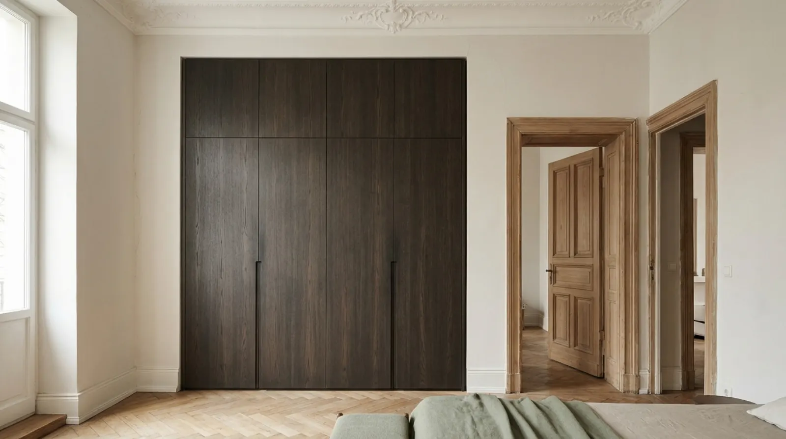 Einbauschrank nach Maß in Räuchereiche, flächenbündig in eine Altbau-Nische eingebaut (KI-Visualisierung)