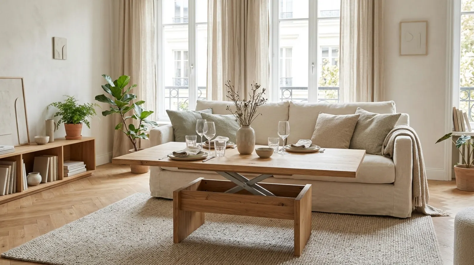 Höhenverstellbarer Couchtisch aus Eiche auf Esstischhöhe vor einem Sofa (KI-Visualisierung)