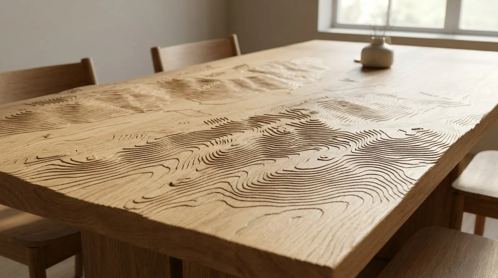 Esstisch aus Eiche mit eingefrästen Höhenlinien einer Berglandschaft (KI-Visualisierung)