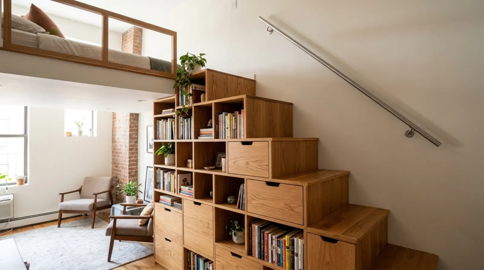 Treppe aus versetzten Eichenkästen als Regal und Aufgang zum Hochbett (KI-Visualisierung)