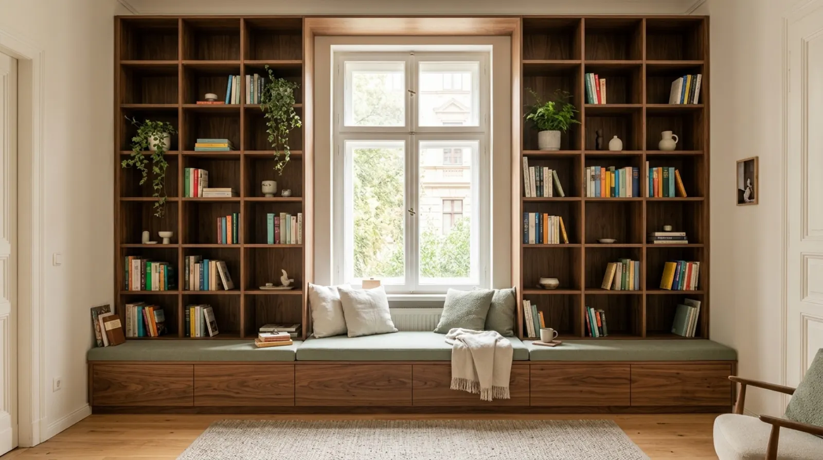 Regal nach Maß aus Nussbaum als Bücherwand rund um ein Fenster mit Sitzbank (KI-Visualisierung)
