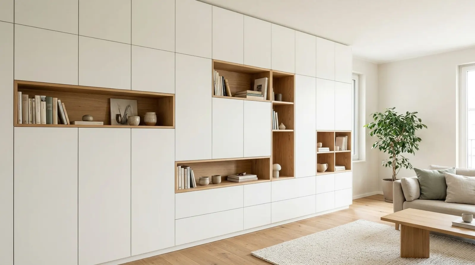 Schrank nach Maß als Schrankwand in Weiß matt mit offenen Eichenfächern (KI-Visualisierung)