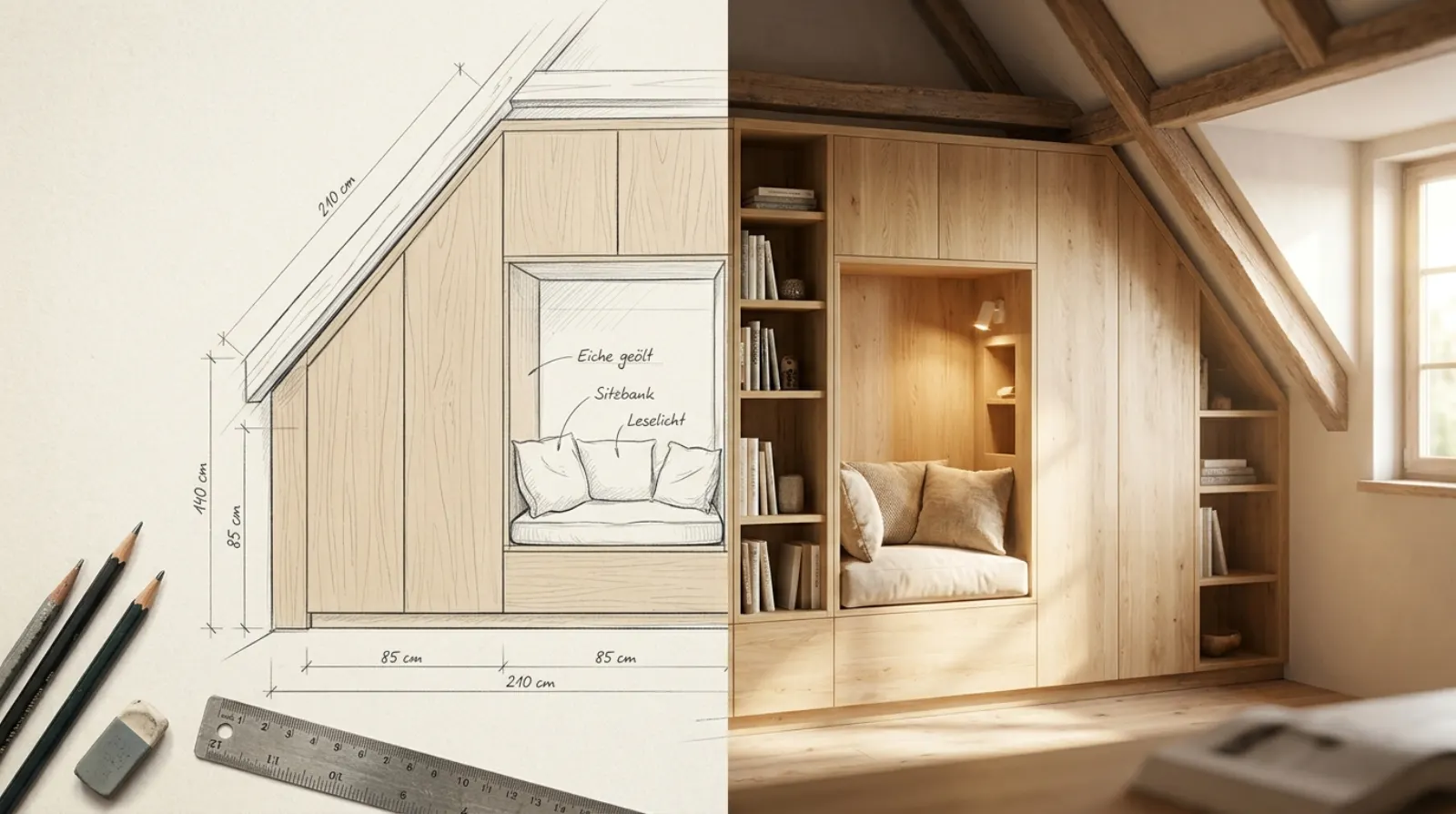 Skizze mit Maßen, die in einen fertigen Einbauschrank nach Maß aus Eiche unter der Dachschräge übergeht  (KI-Visualisierung)